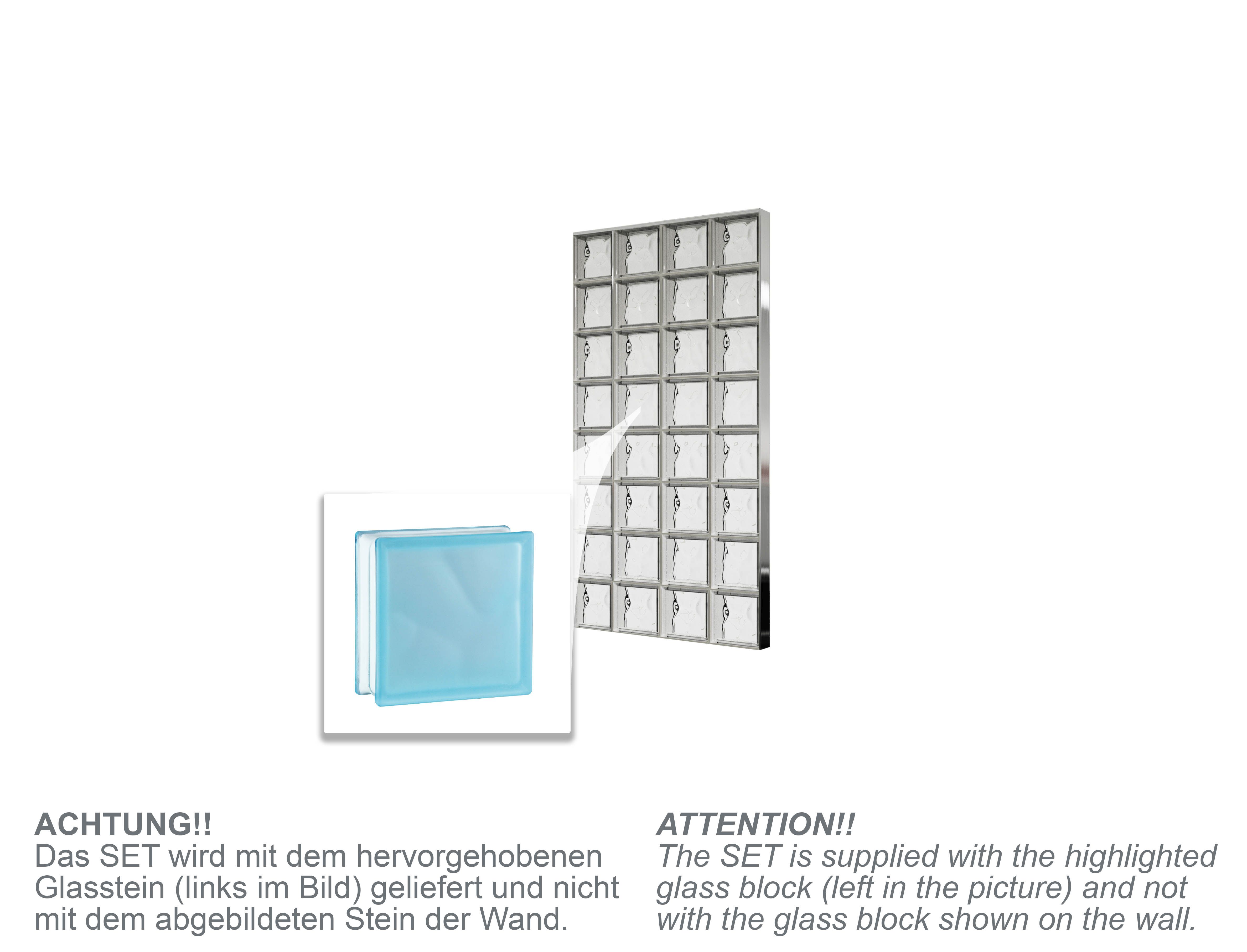 Duschwand Glasbausteine KOMPLETT SET DIY 78x156 cm – Wolke Azur 2-seitig satiniert 19x19x8 cm